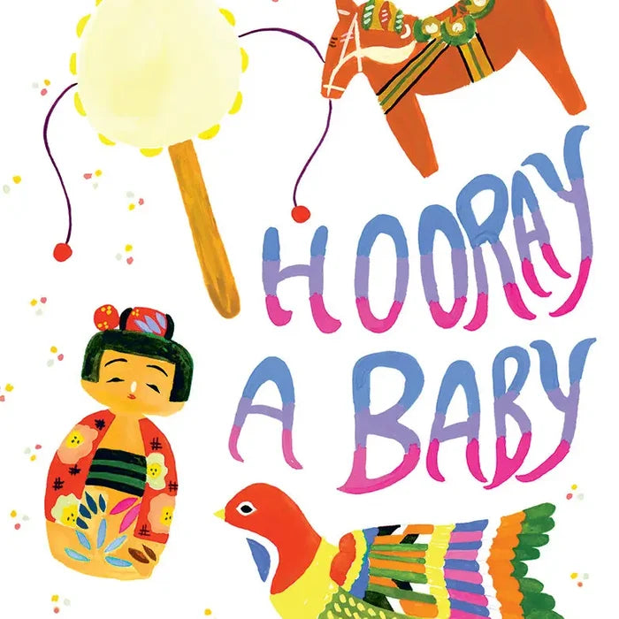 Colorful illustration with text 'Hooray A Baby' surrounded by decorative elements on a white background.