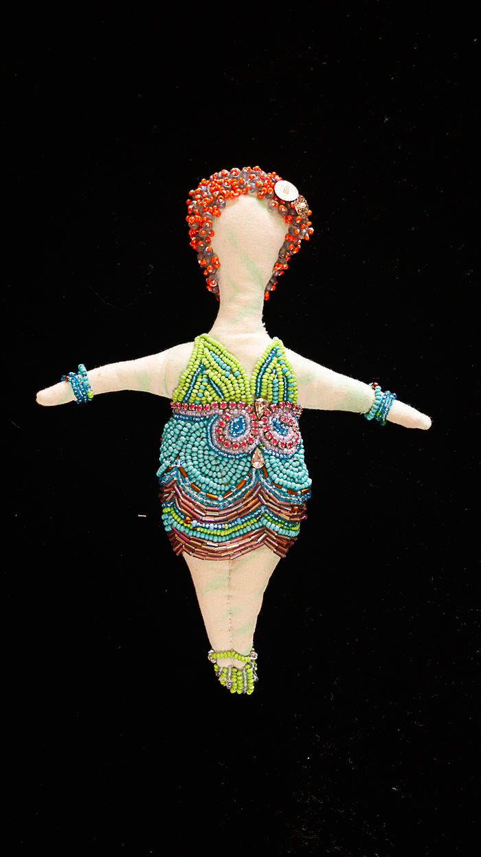 Beaded Doll with Blue and Green Beaded Dress