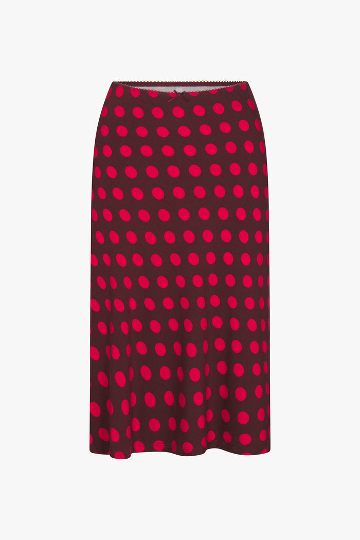 BIAS MIDI SLIP SKIRT IN SCARLET DOT