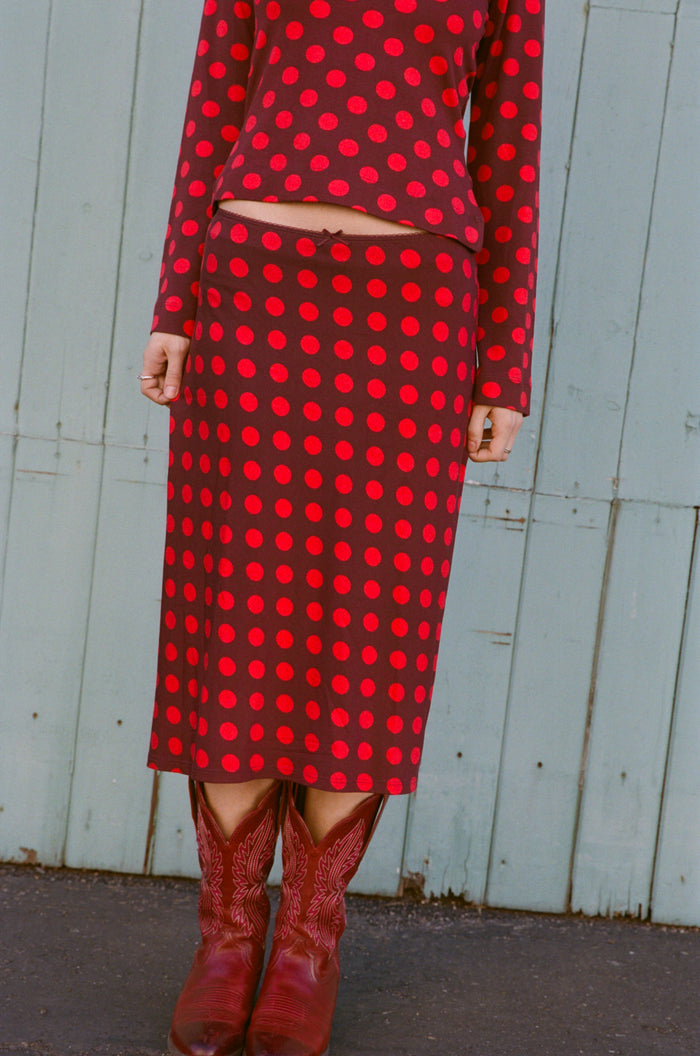 BIAS MIDI SLIP SKIRT IN SCARLET DOT