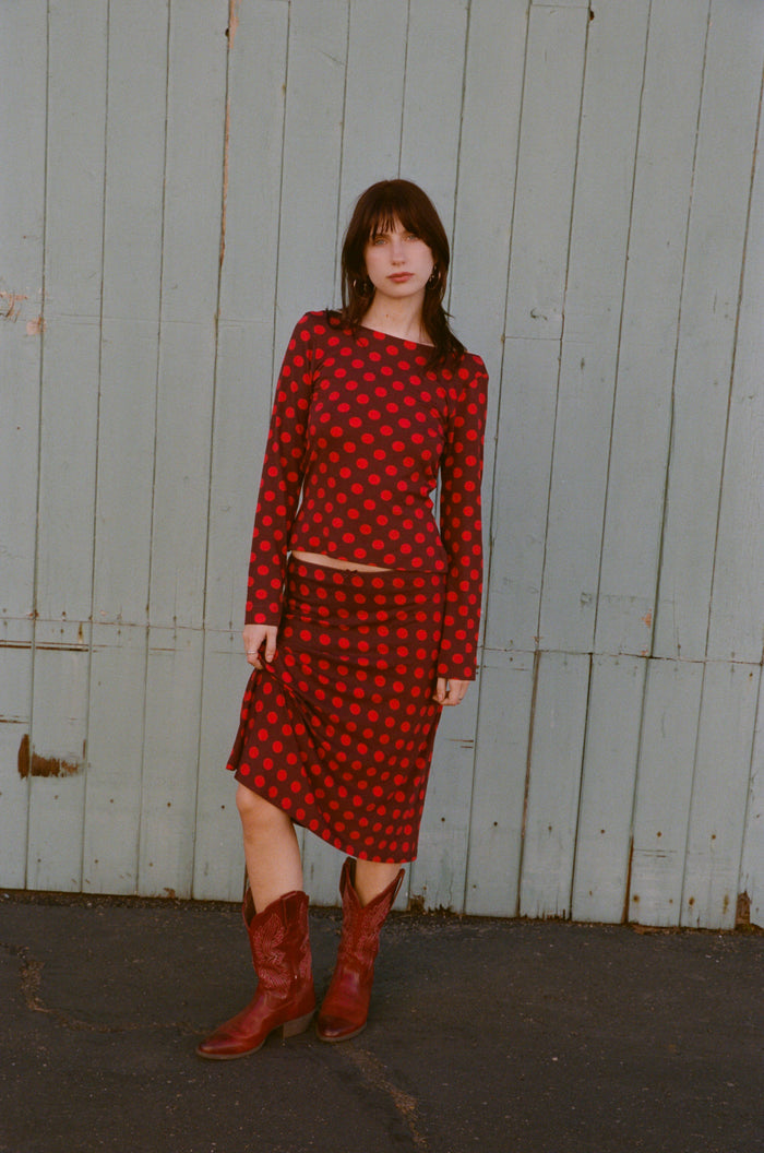 BIAS MIDI SLIP SKIRT IN SCARLET DOT