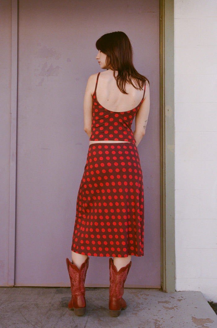 BIAS MIDI SLIP SKIRT IN SCARLET DOT