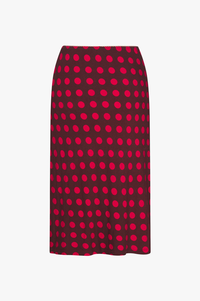 BIAS MIDI SLIP SKIRT IN SCARLET DOT
