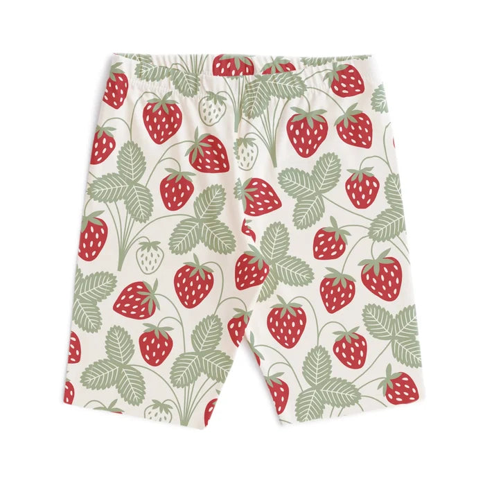 Shorts with a red and green strawberry pattern on a white background