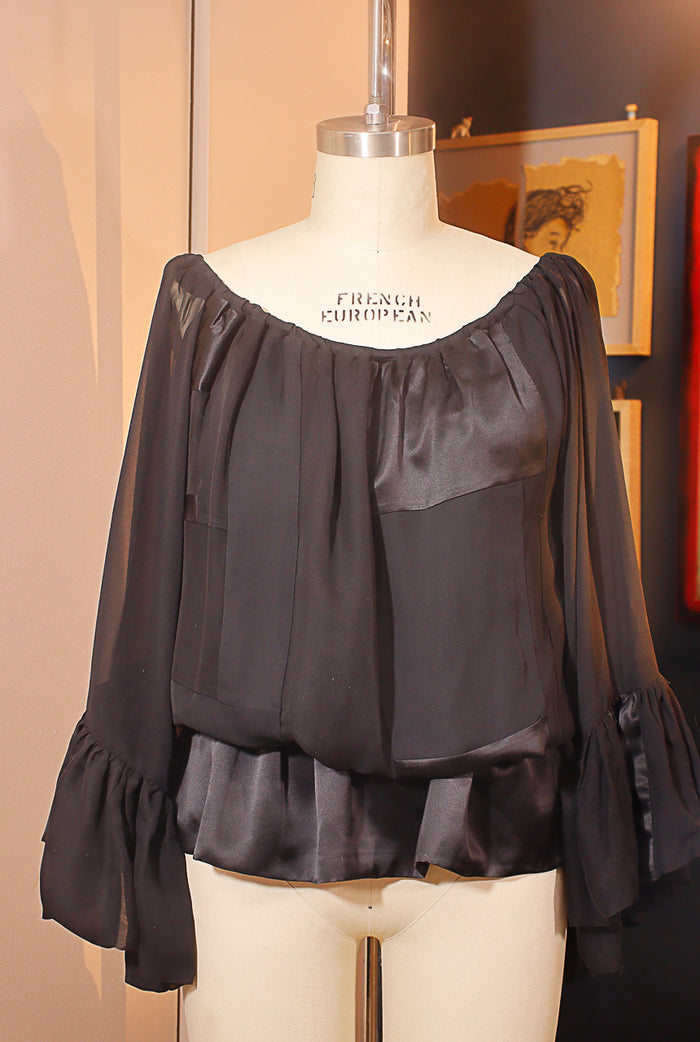 Black Silk Chiffon and Silk Charmuese BOHO Top with Ruffle at Sleeve