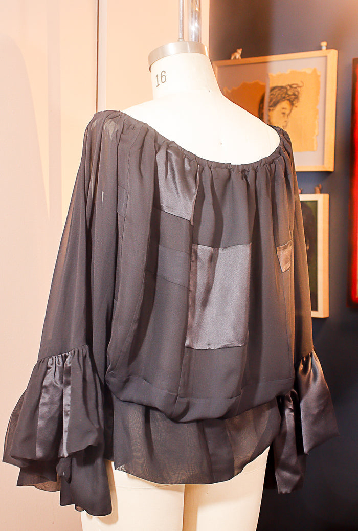 Black Silk Chiffon and Silk Charmuese BOHO Top with Ruffle at Sleeve