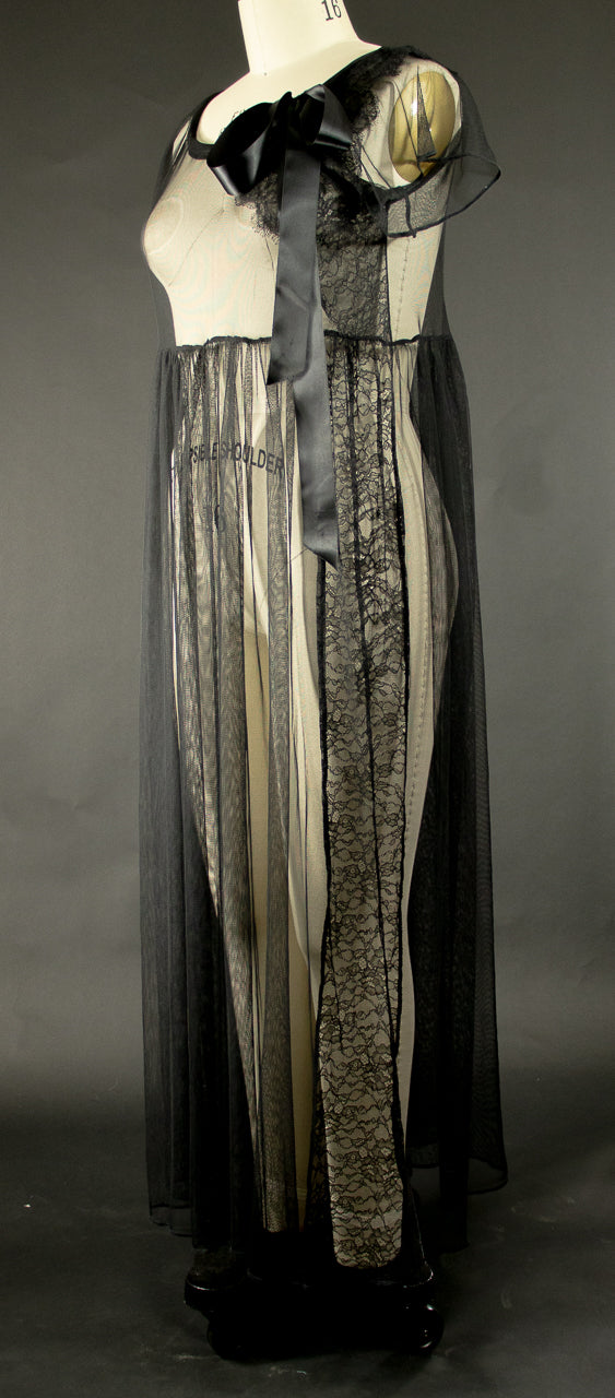 Black Stretch Net Dress with Ribbon Drawstring at Neckline