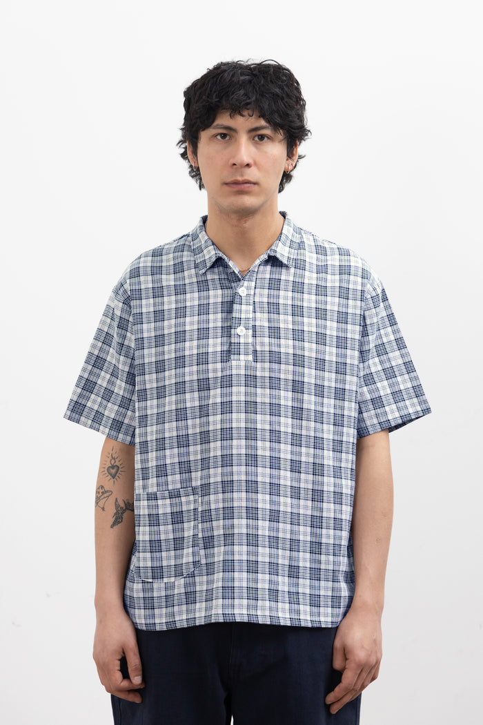 Blacksmith - Short Sleeved Popover Shirt - Navy Plaid