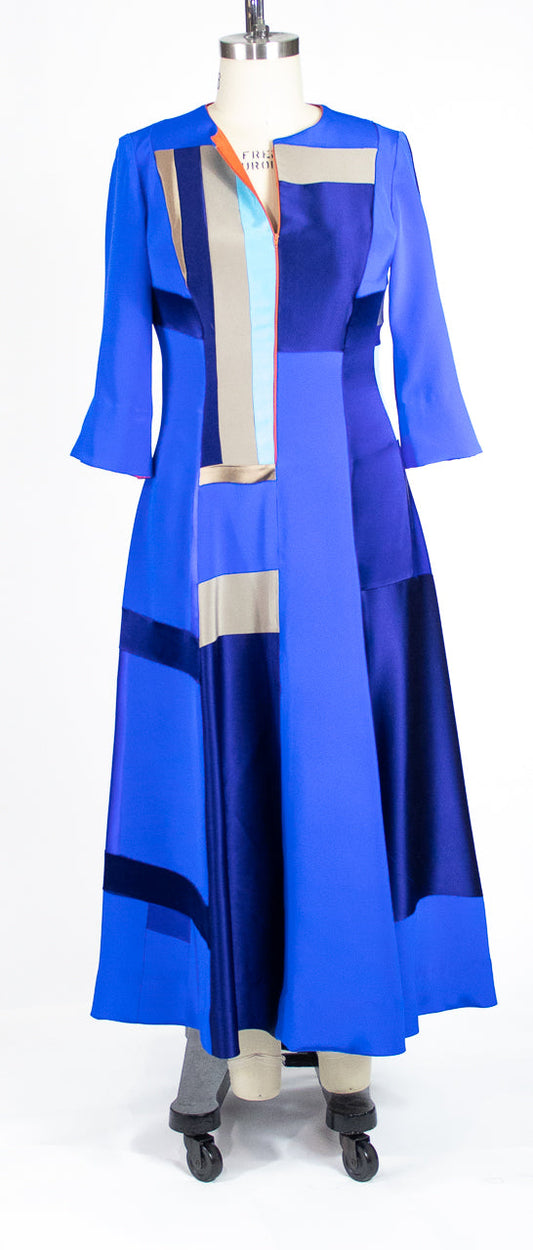 Blue Patchwork 4 Ply Silk Dress with Orange Zipper