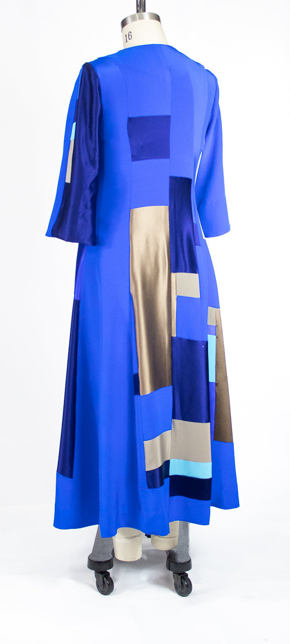 Blue Patchwork 4 Ply Silk Dress with Orange Zipper
