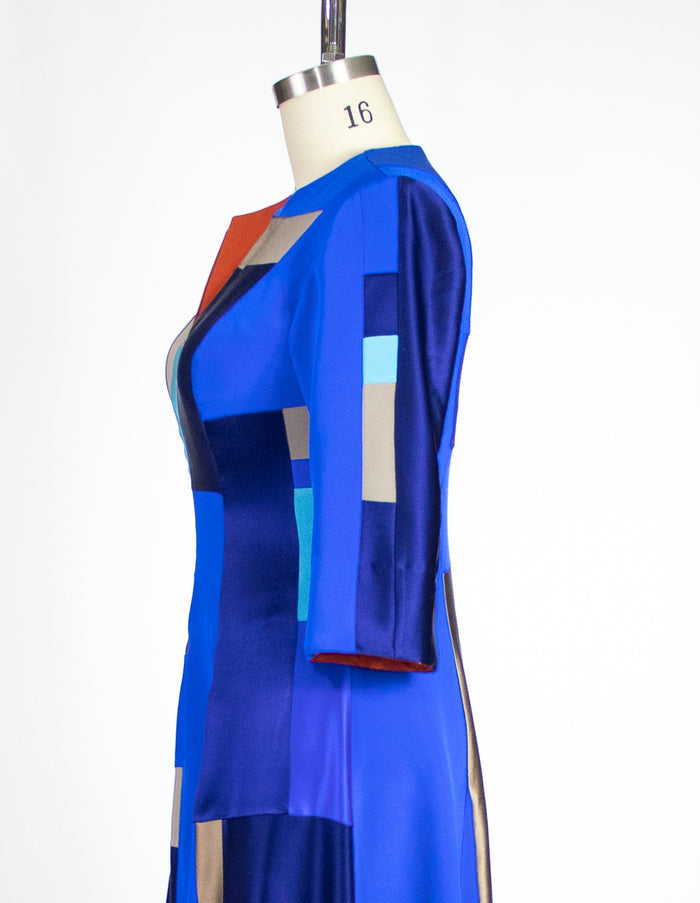 Blue Patchwork 4 Ply Silk Dress with Orange Zipper