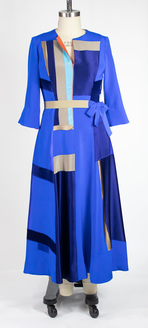 Blue Patchwork 4 Ply Silk Dress with Orange Zipper