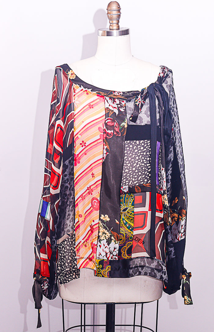BOHO Blouse Patchwork Silk Chiffon and Printed Charmuese