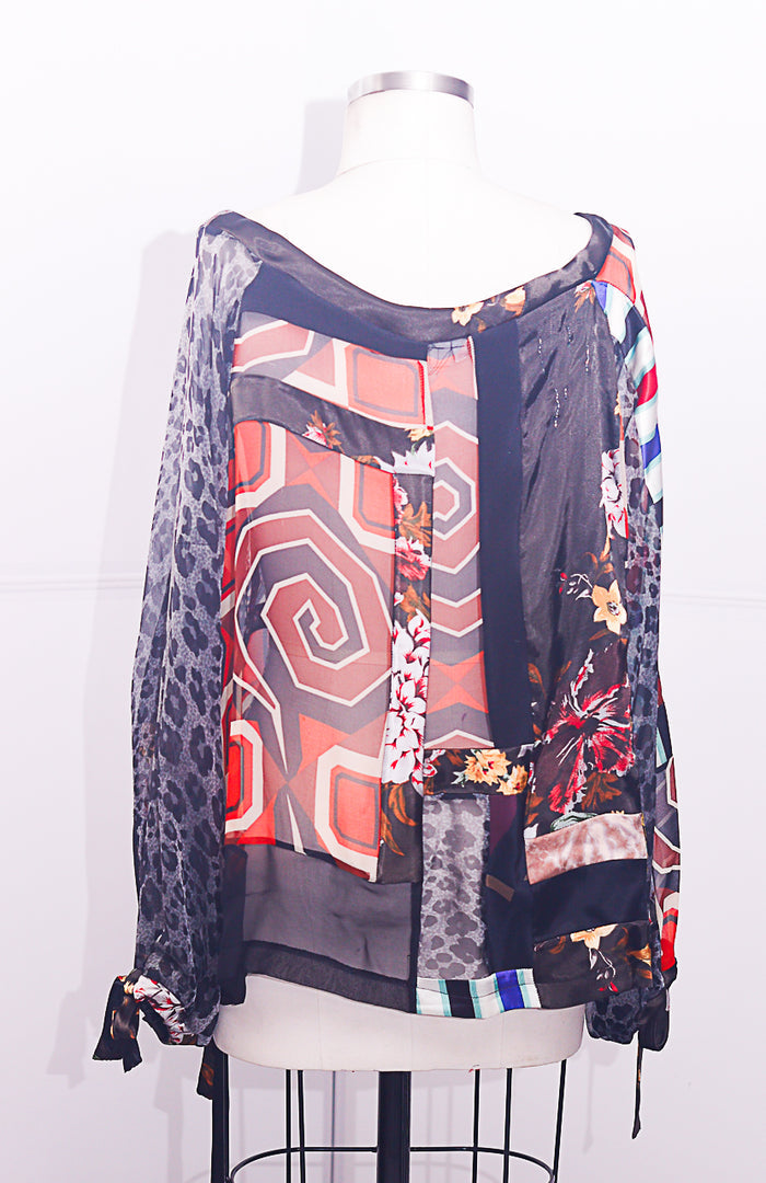 BOHO Blouse Patchwork Silk Chiffon and Printed Charmuese