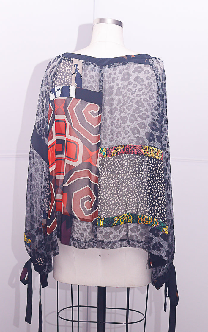 BOHO Blouse Patchwork Silk Printed Chiffon with Patches of Silk Printed Charmuese