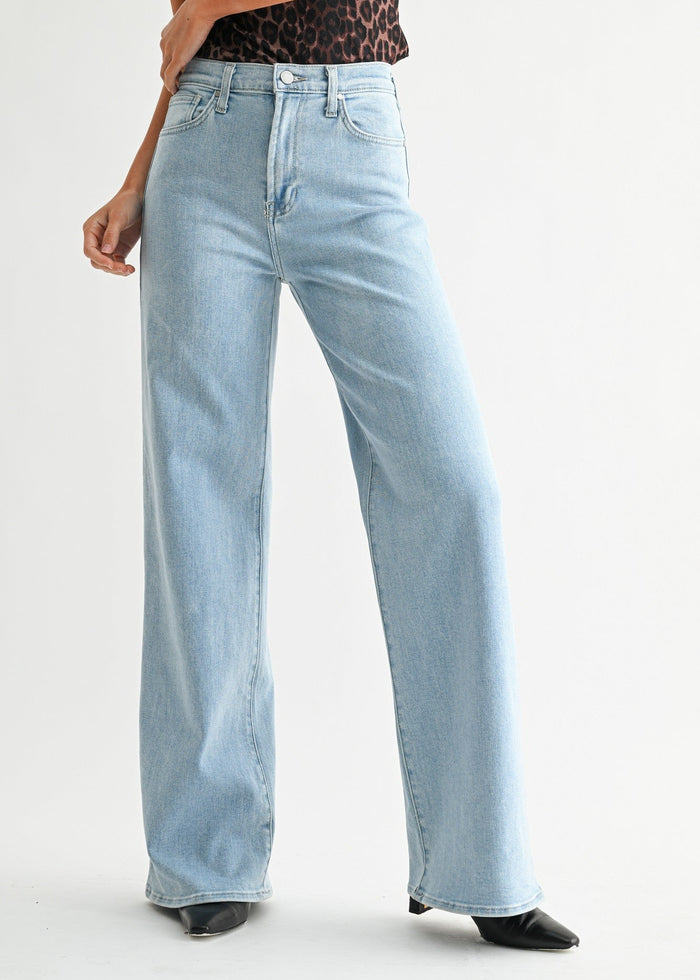Light blue wide-leg palazzo jeans with high waist and straight silhouette.