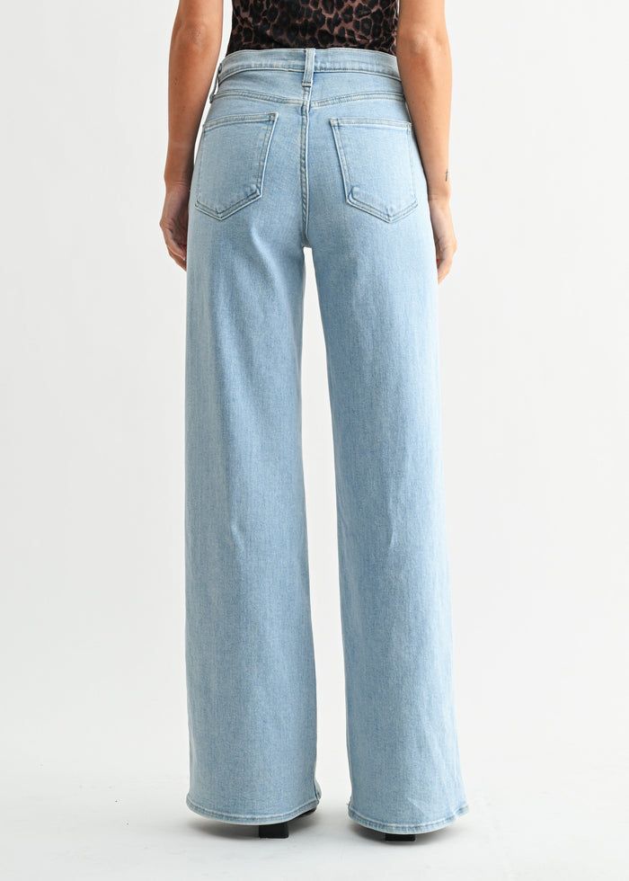 Light wash palazzo jeans with high waist, five-pocket styling, and wide-leg silhouette shown from back view.
