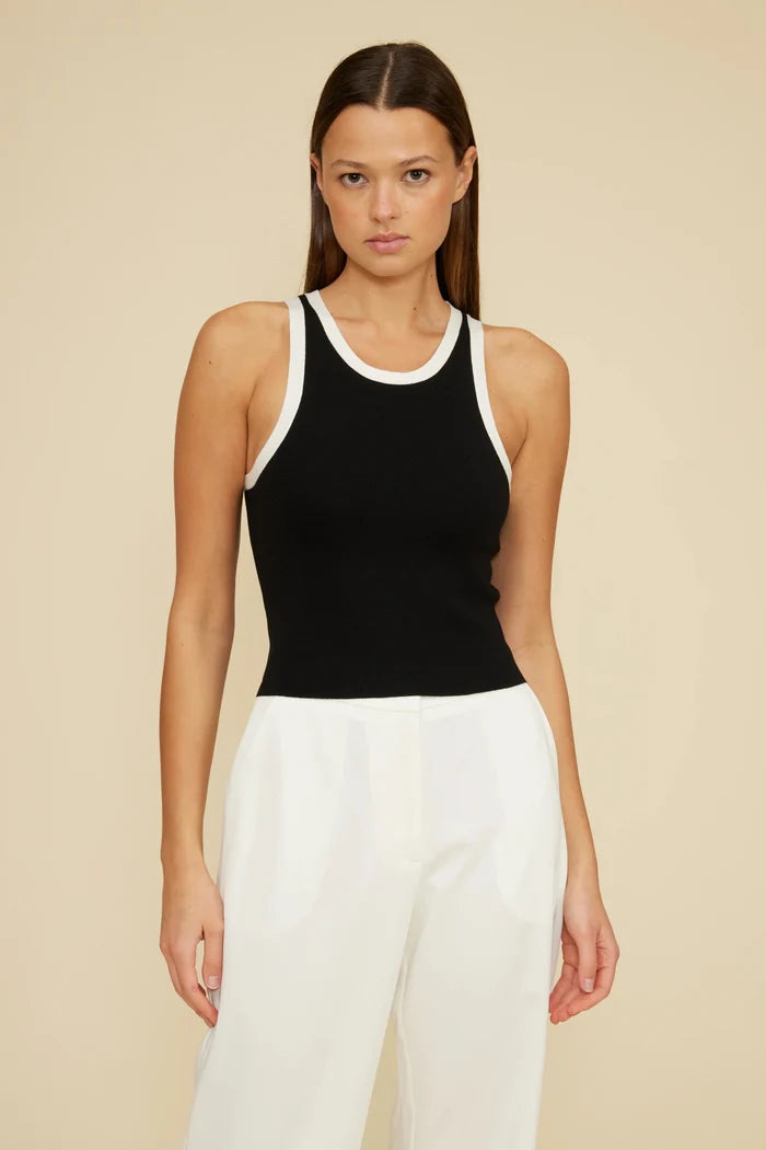 LUCY PARIS BRANDI CUTAWAY TANK TOP – A SLEEK BLACK TANK WITH WHITE TRIM AND A MODERN SILHOUETTE