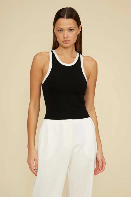 LUCY PARIS BRANDI CUTAWAY TANK TOP – A SLEEK BLACK TANK WITH WHITE TRIM AND A MODERN SILHOUETTE
