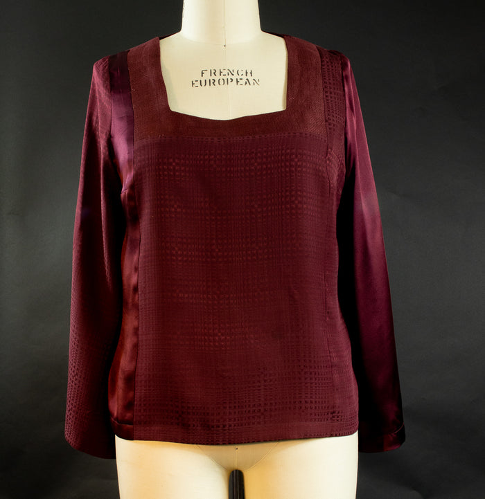 Burgundy Silk Square Neck Patchwork Top