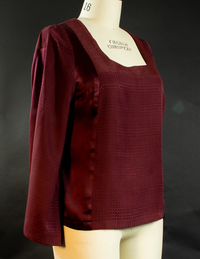 Burgundy Silk Square Neck Patchwork Top