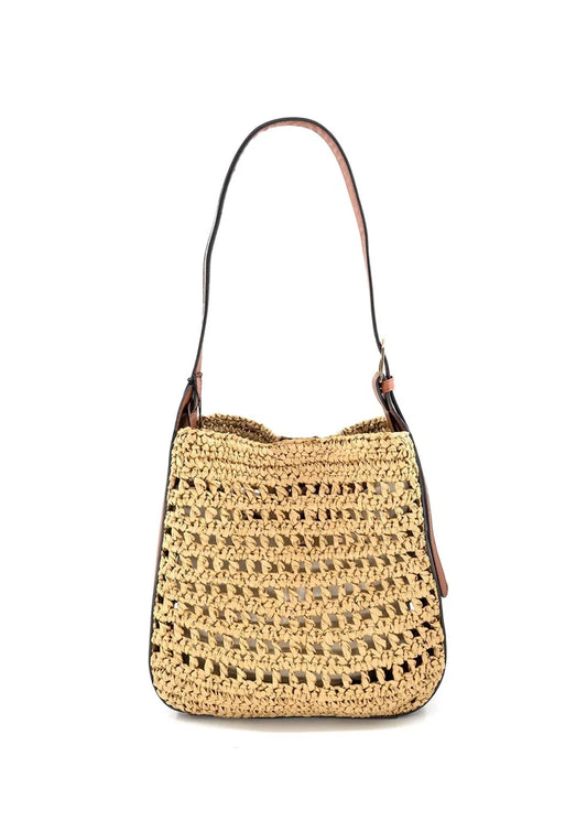 Tan crochet straw shoulder bag with brown leather handles and open weave pattern.