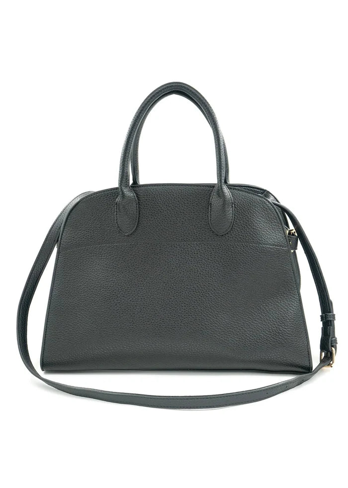 Charcoal gray pebbled leather tote bag with dual handles and detachable shoulder strap.