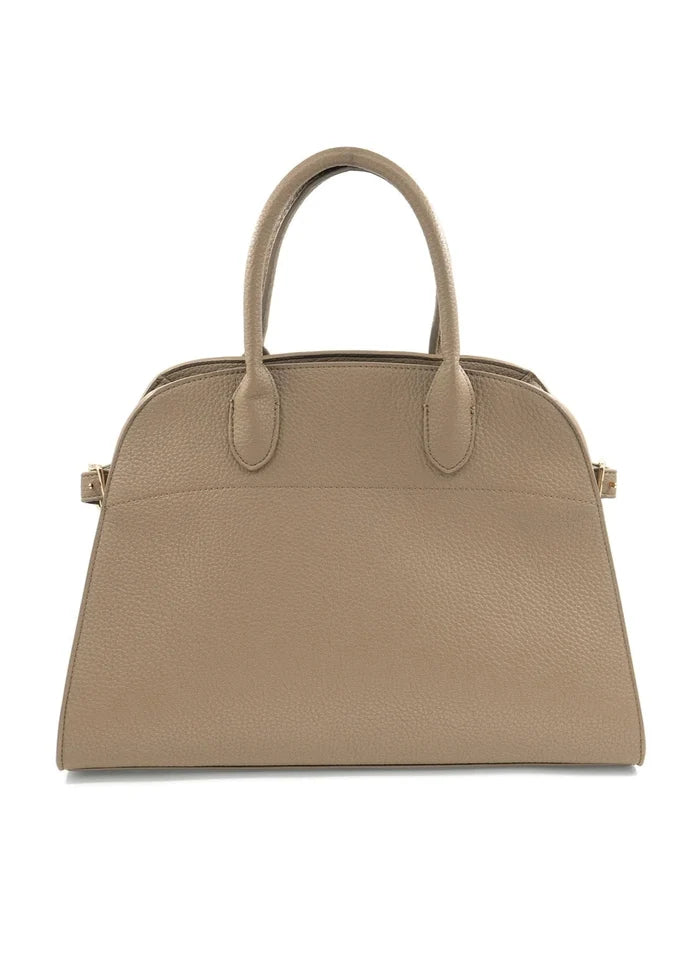 Beige leather tote handbag with dual handles and textured pebbled surface.