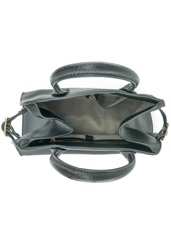 Gray pebbled leather tote handbag with dual handles, open top, and gold-toned zipper pocket visible inside.