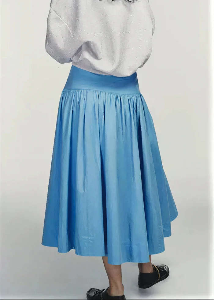 Blue midi skirt with pleated full skirt and wide waistband, styled with white top and black shoes.