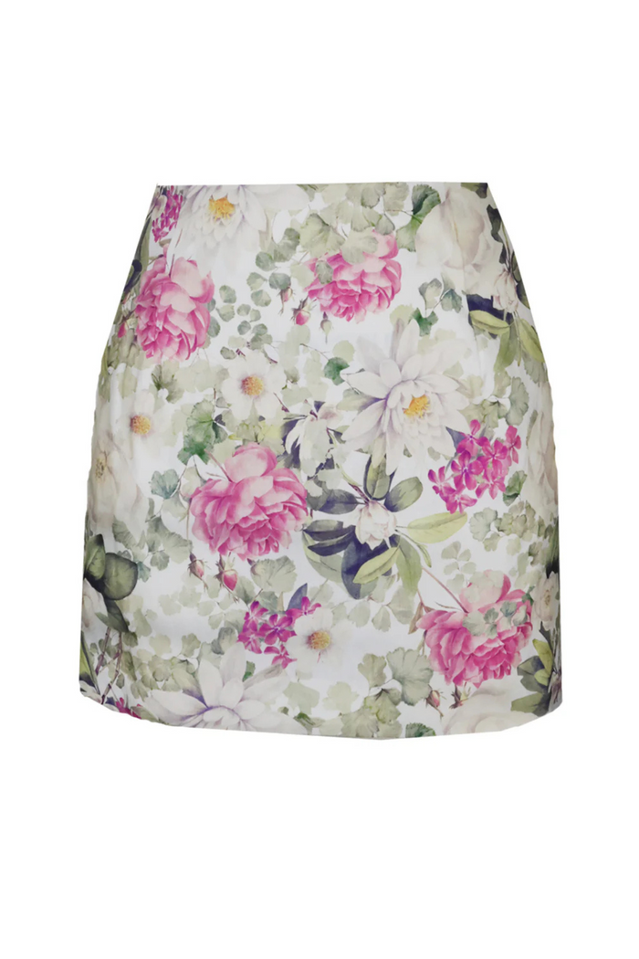Mini skirt with pink, white, and green floral print on cream background.