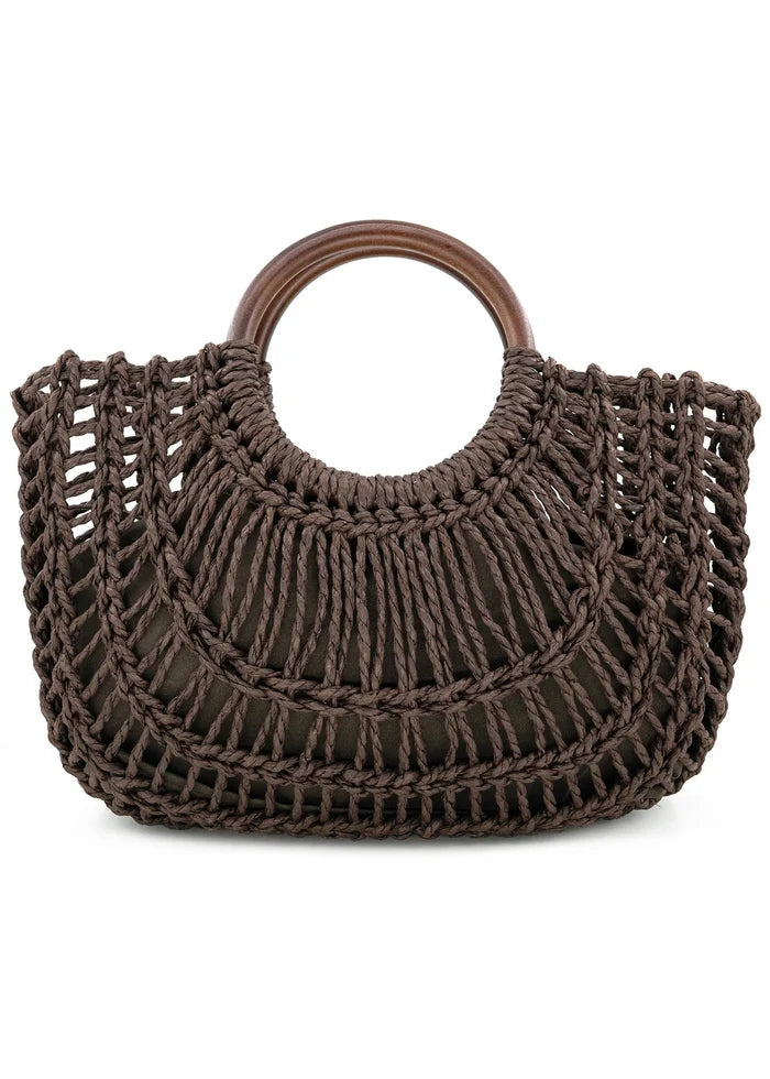 Brown crochet tote bag with wooden handles and open weave pattern throughout.
