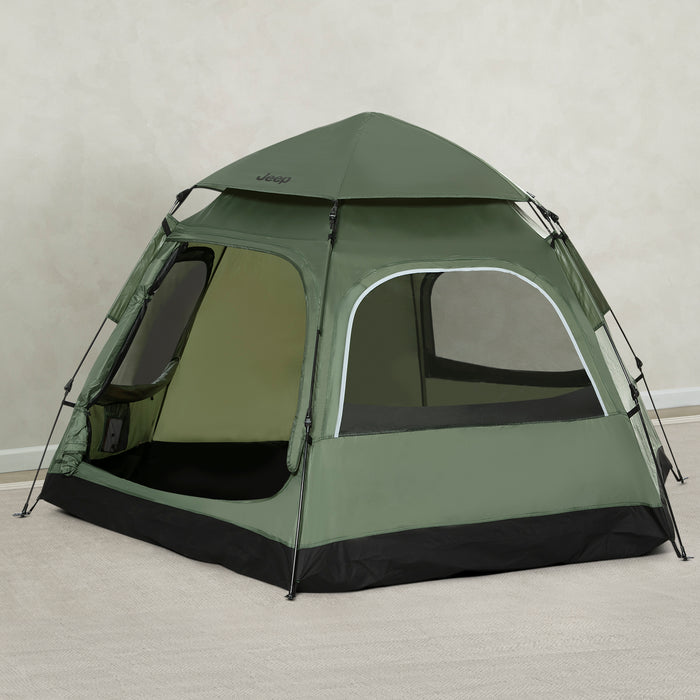 Green camping tent with black accents on a plain background