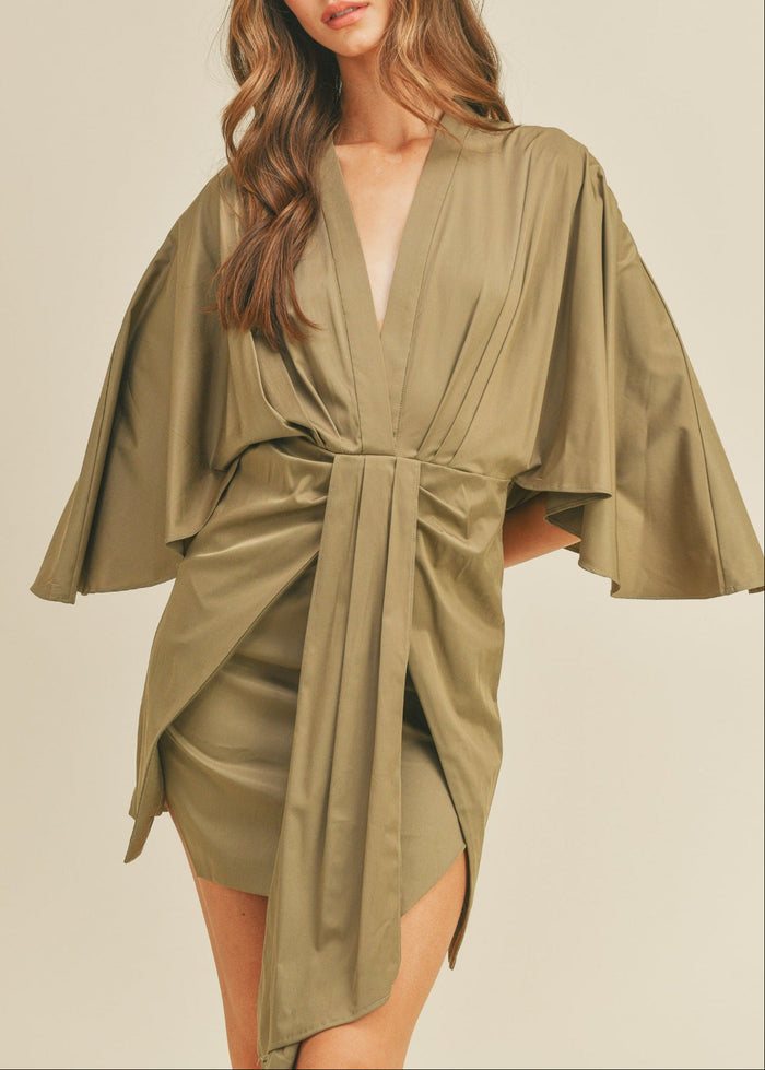 MABLE THE SATIN FRONT DRAPED MINI DRESS – A LUXE, PLEATED SILHOUETTE WITH A FLATTERING DEEP V-NECKLINE