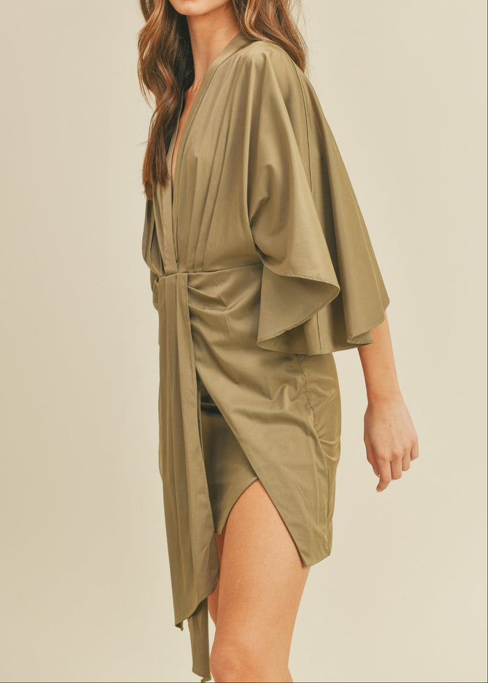 MABLE THE SATIN FRONT DRAPED MINI DRESS – A LUXE, PLEATED SILHOUETTE WITH A FLATTERING DEEP V-NECKLINE