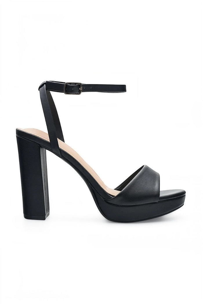 RSG Formals DeBlossom Jane black open-toe heels with a sturdy block heel and adjustable ankle strap.