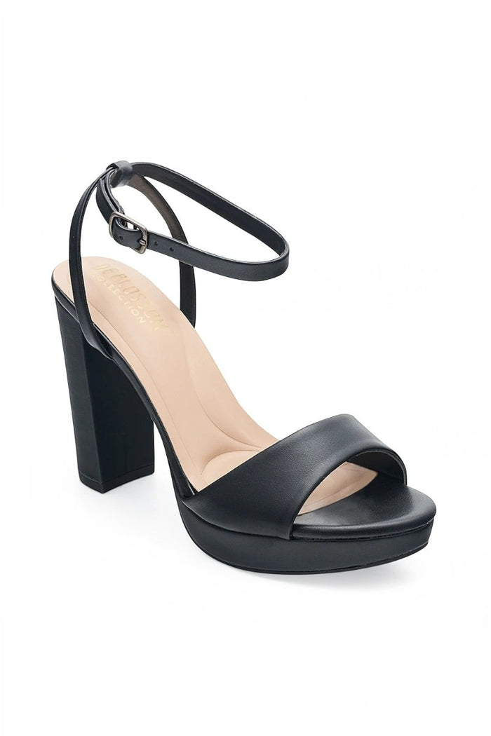 RSG Formals DeBlossom Jane black open-toe heels with an adjustable ankle strap and sturdy block heel.