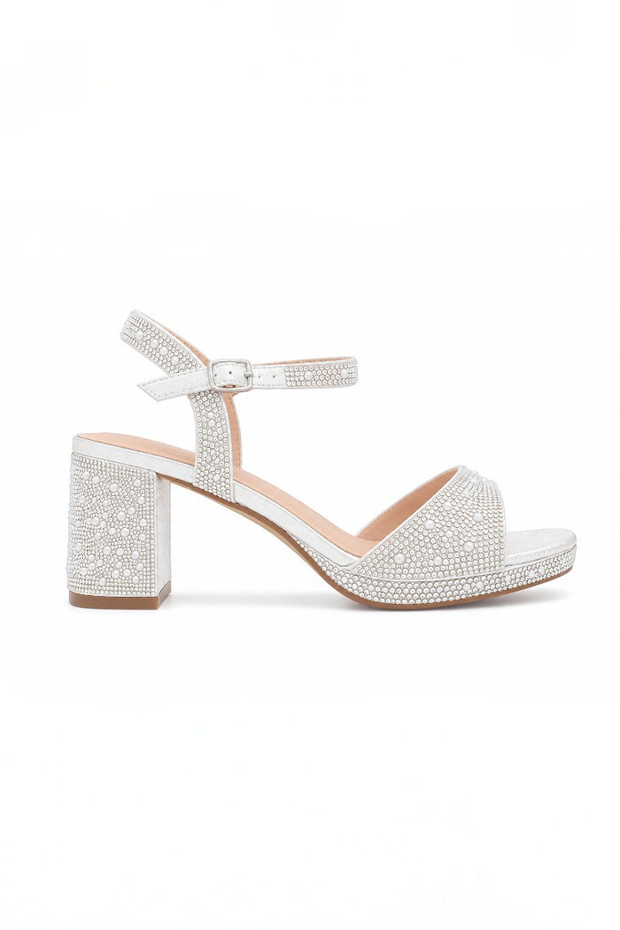 RSG Formals DeBlossom Nelly white shimmer block heel sandals with rhinestone embellishments and ankle strap