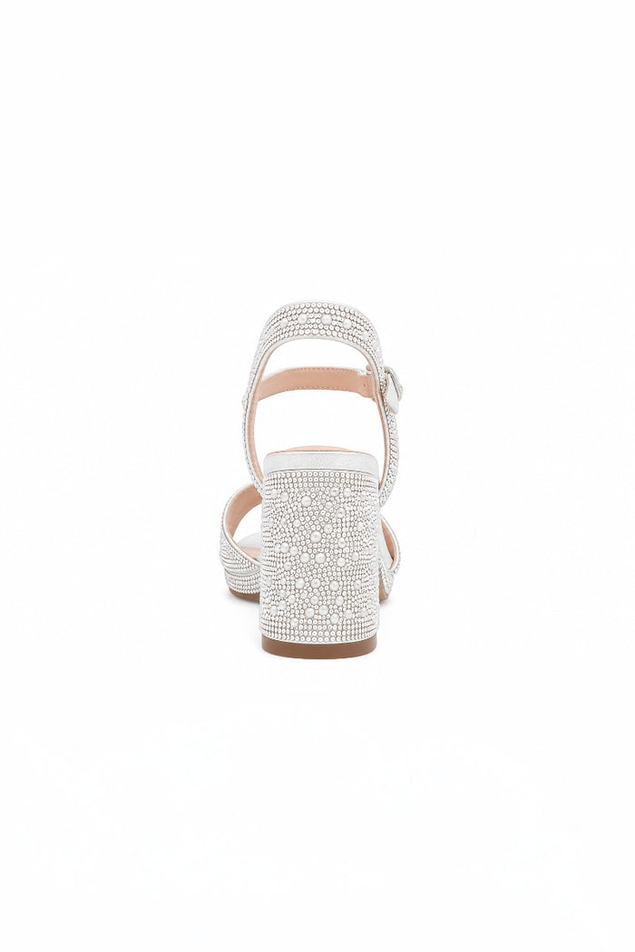 RSG Formals DeBlossom Nelly white shimmer block heel sandal with all-over rhinestone embellishment, back view