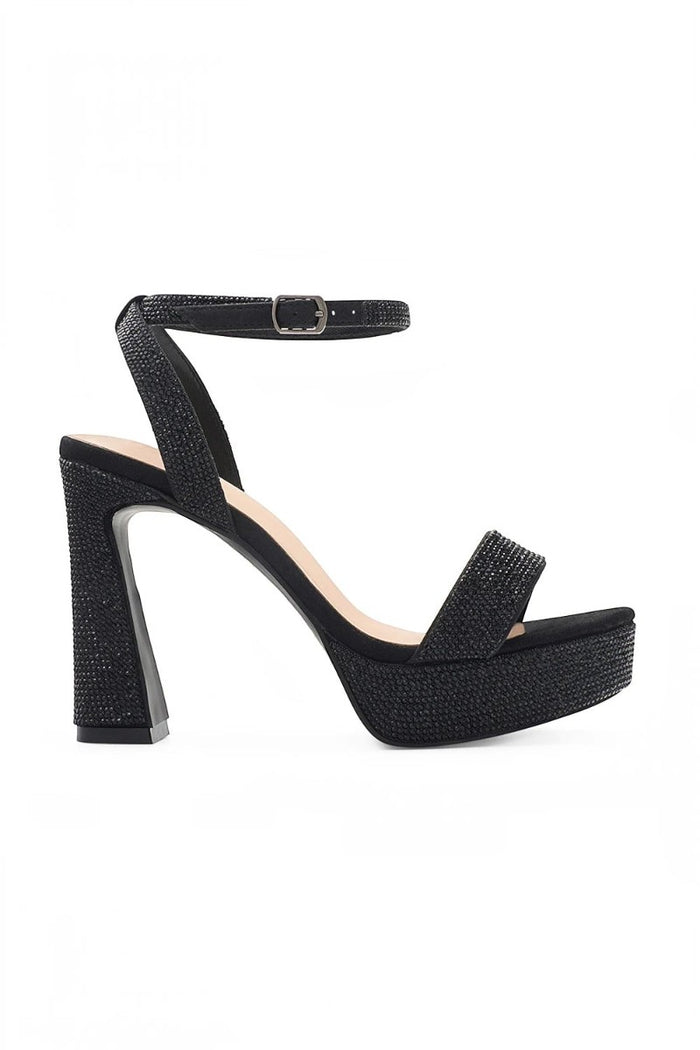 RSG Formals DeBlossom Regina black shimmer platform heels with an open toe, block heel, and adjustable ankle strap.