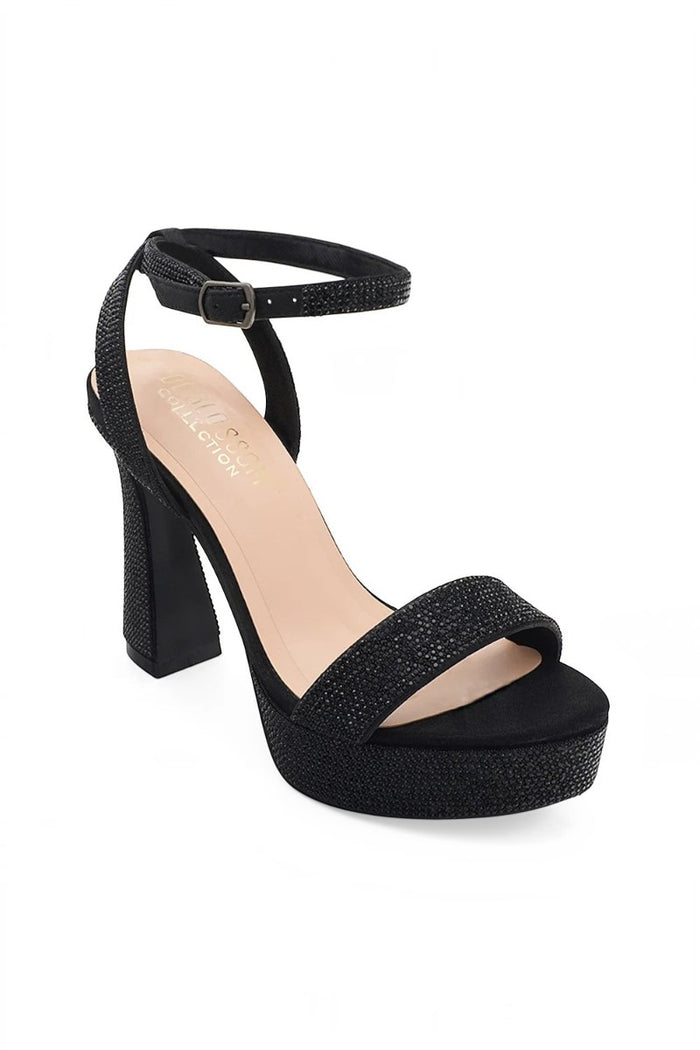 RSG Formals DeBlossom Regina black shimmer platform heels with an open toe, block heel, and adjustable ankle strap.