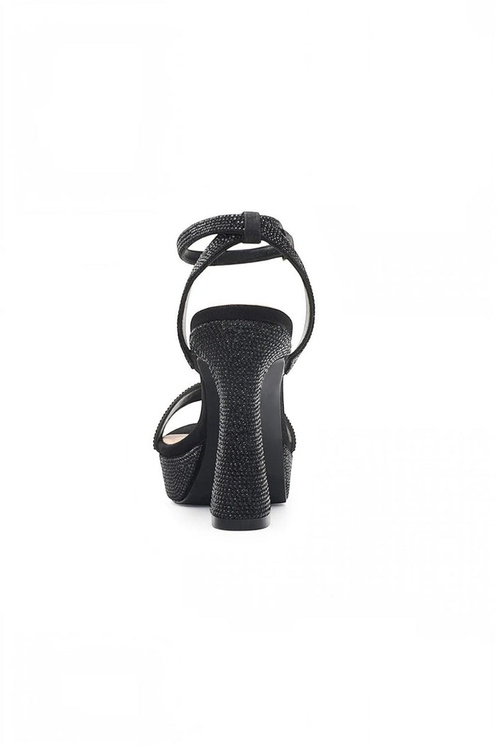 RSG Formals DeBlossom Regina black shimmer block heel sandals with an adjustable ankle strap and open toe design.