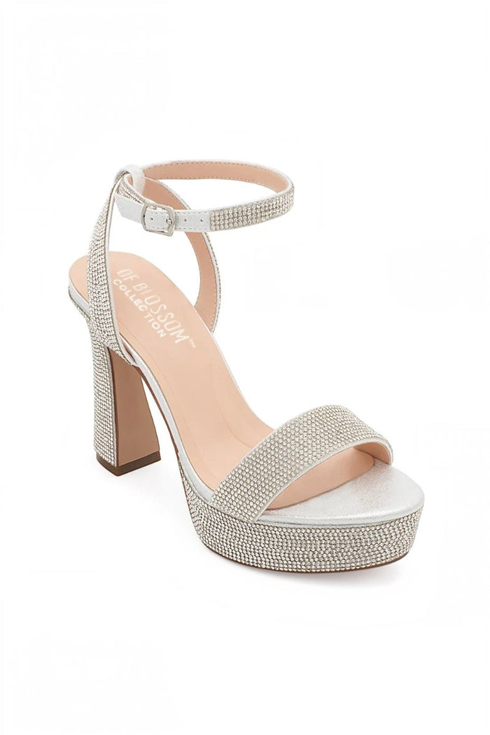 RSG Formals DeBlossom Regina silver shimmer block heels with rhinestone straps, open toe, and adjustable buckle.