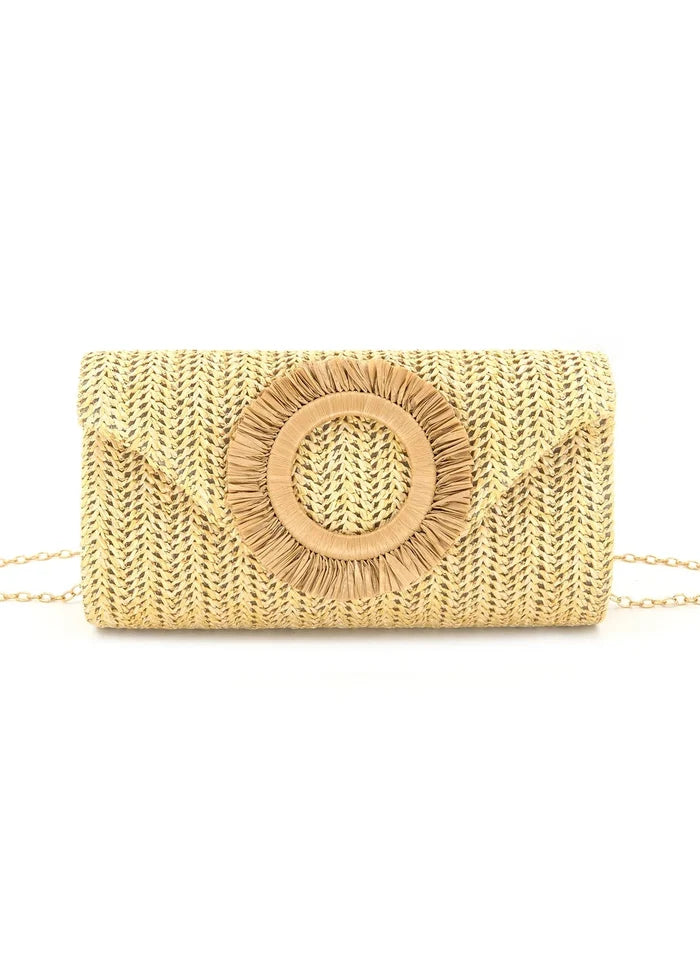 Beige woven clutch bag with a circular design on a white background