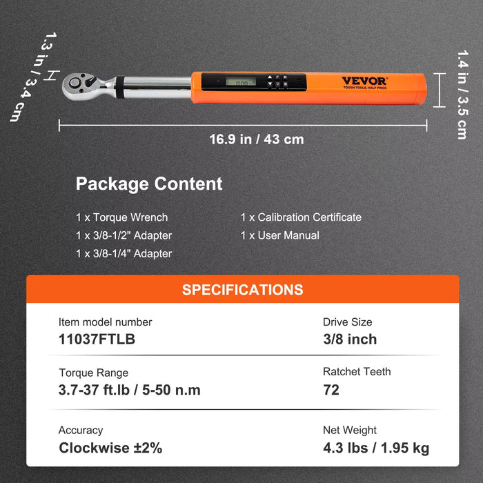 Digital Torque Wrench 3/8" Drive 3.7-37 Ft