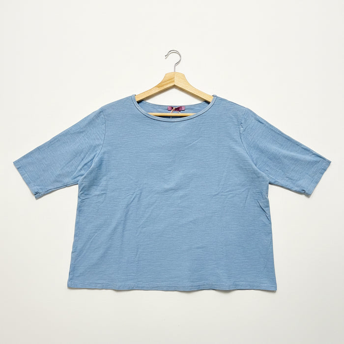 Blue t-shirt on a wooden hanger against a white background