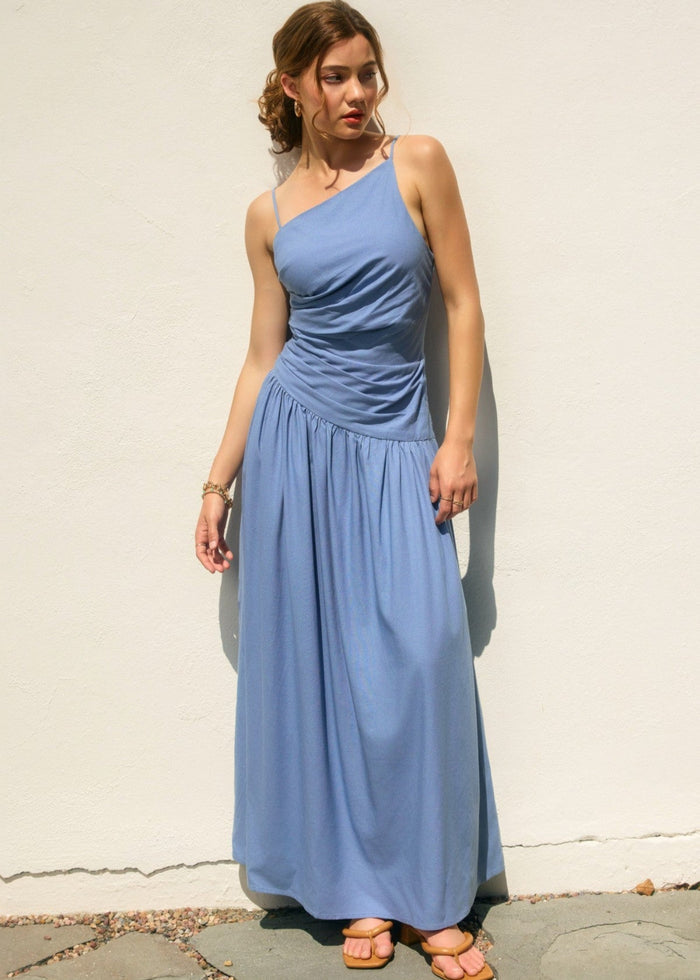 DRESS FORUM DROP WAIST RUCHED BLUE MAXI DRESS – A MODERN TWIST ON ELEGANT COMFORT