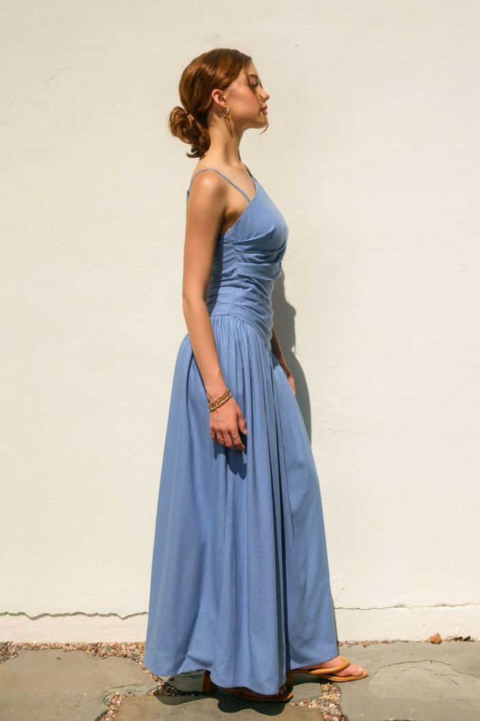 DRESS FORUM DROP WAIST RUCHED BLUE MAXI DRESS – A MODERN TWIST ON ELEGANT COMFORT