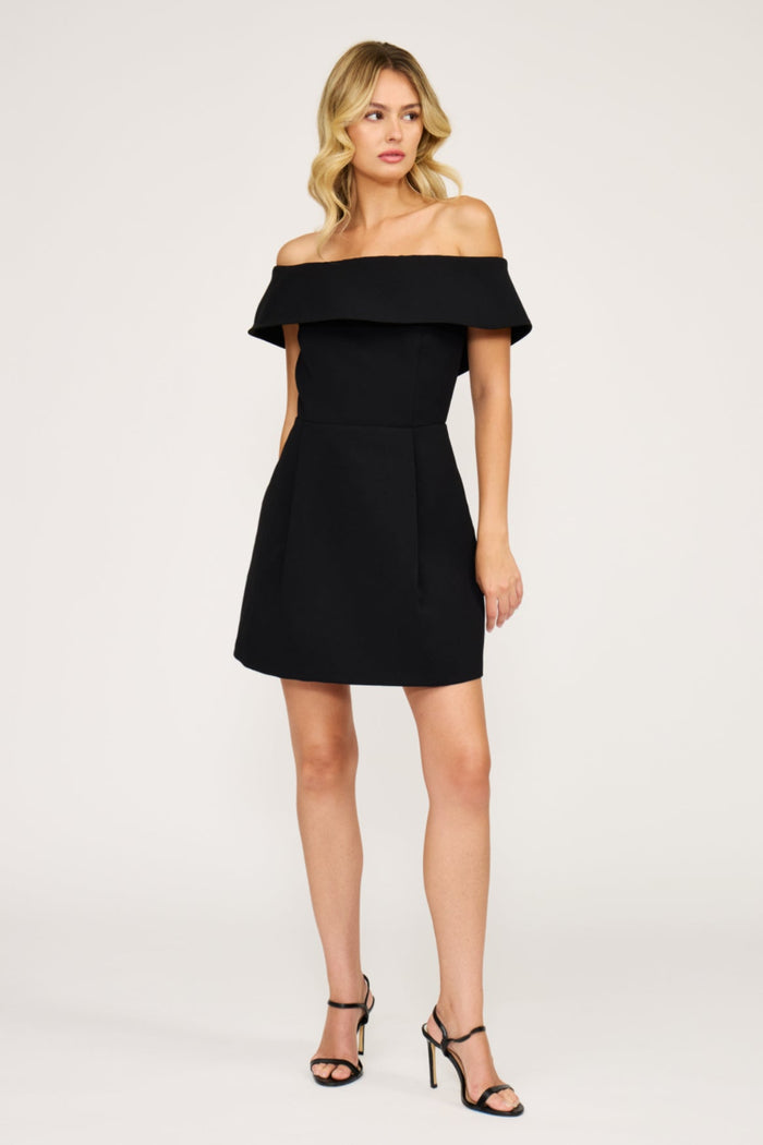 Black off-shoulder mini dress with short sleeves and fitted bodice.