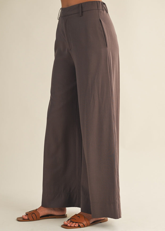 Brown wide-leg pants with high waist and full-length silhouette shown on model wearing brown sandals.
